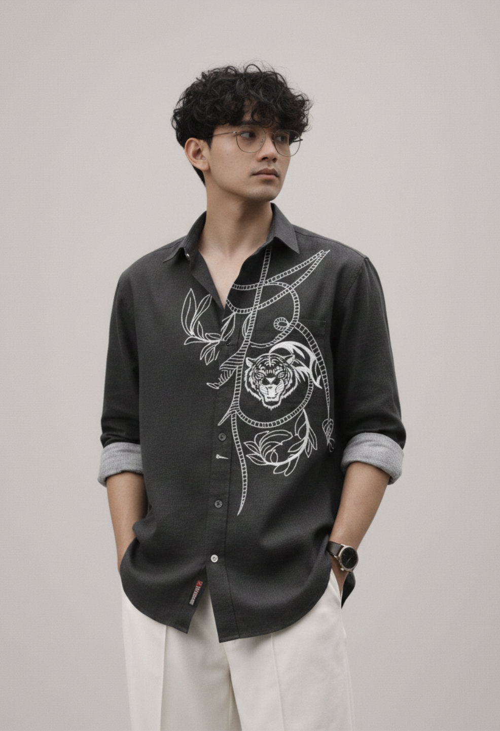 Black Regal Tiger Linen Shirt