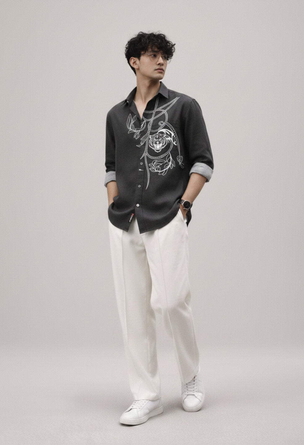 Black Regal Tiger Linen Shirt