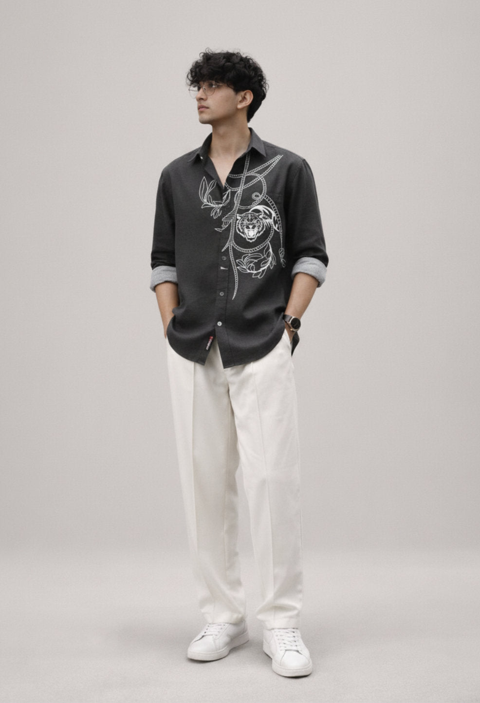 Black Regal Tiger Linen Shirt