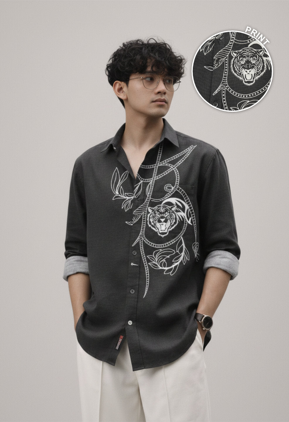 Black Regal Tiger Linen Shirt