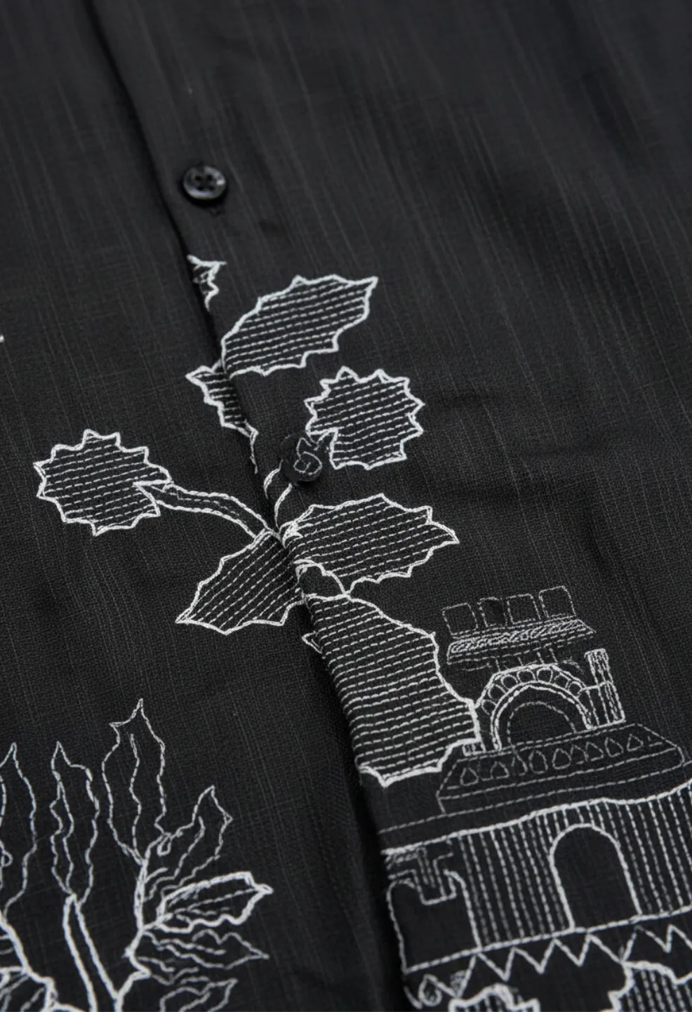 Ivory Garden Embroidery 100% Linen Black Shirt