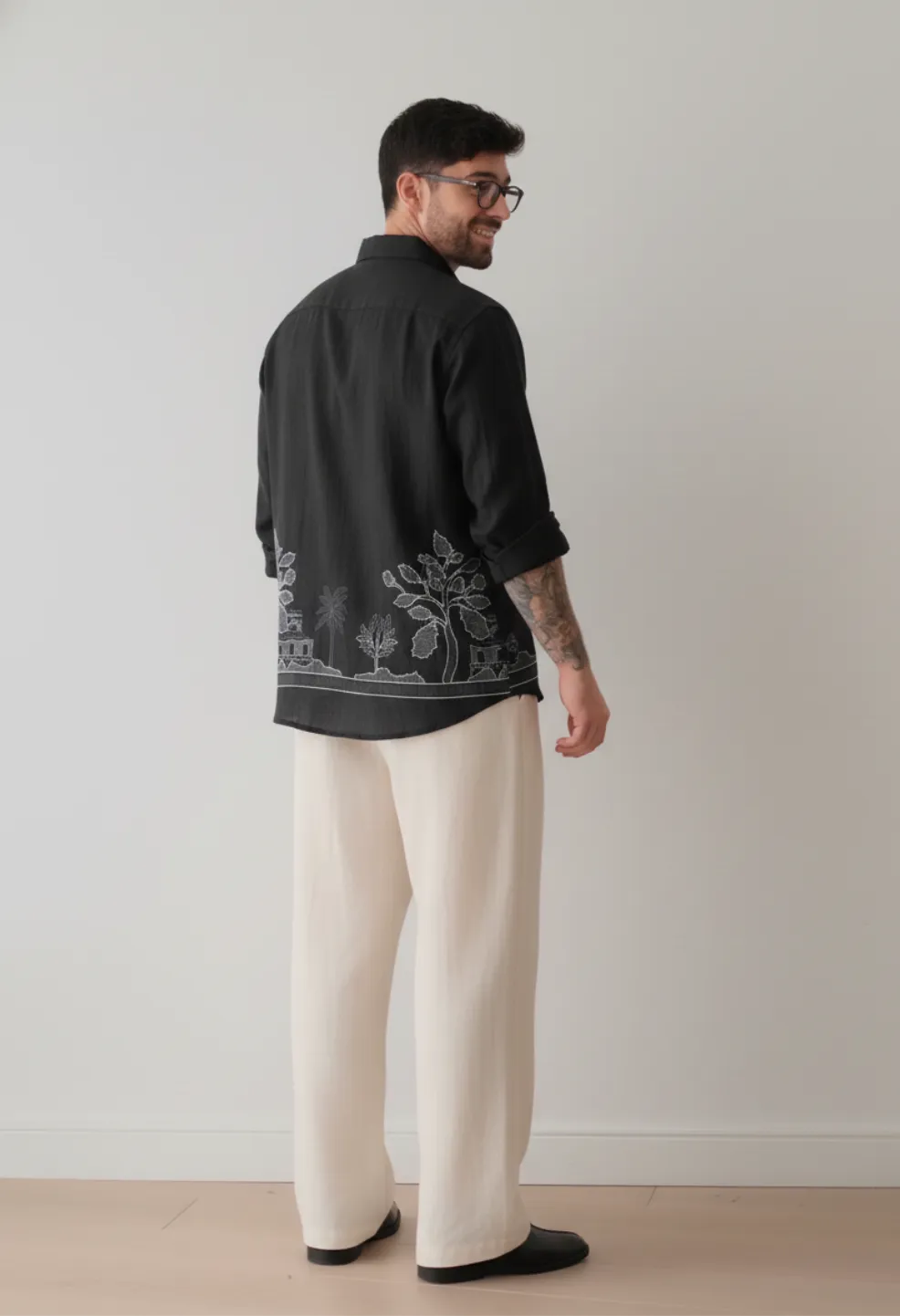 Ivory Garden Embroidery 100% Linen Black Shirt