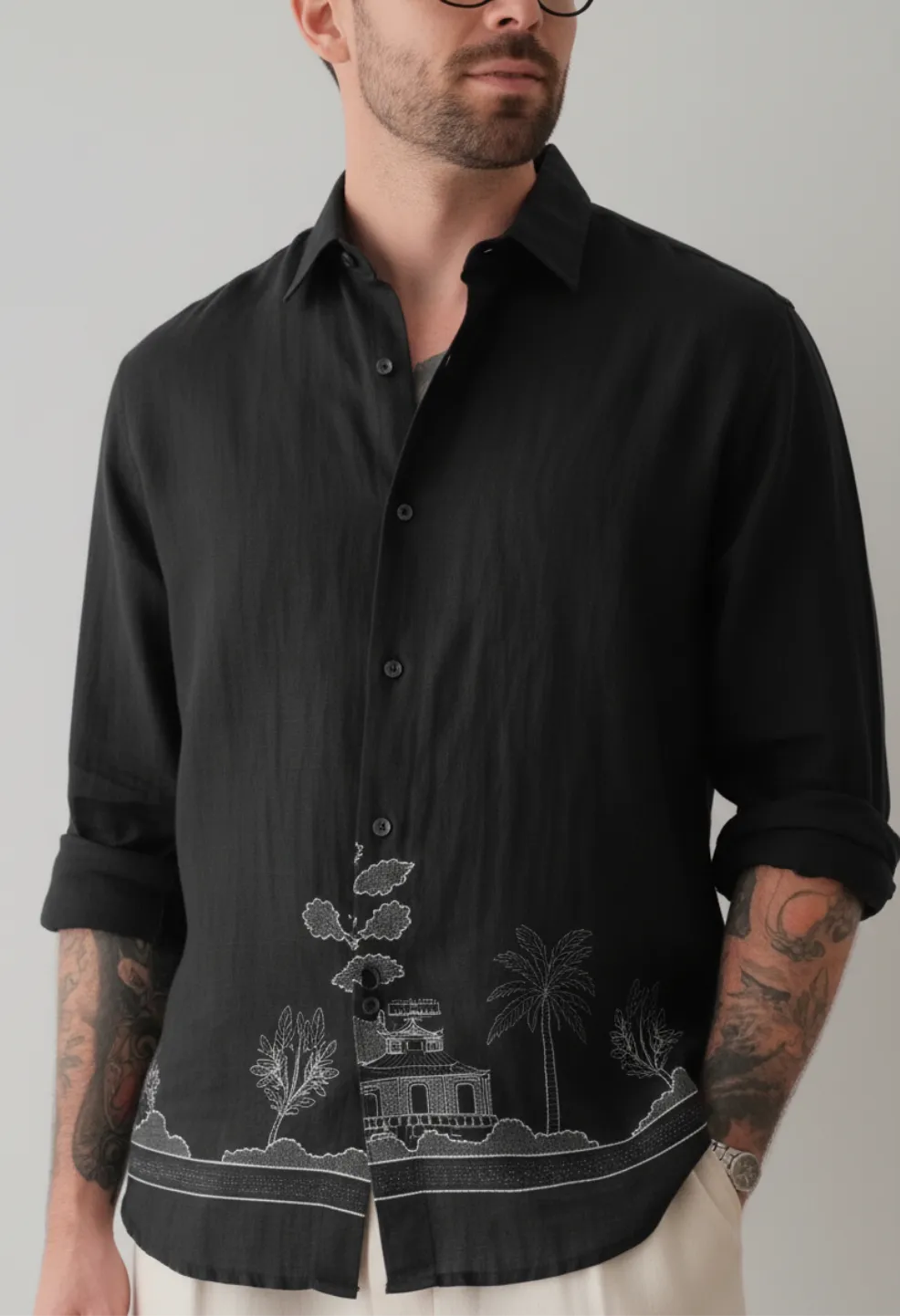 Ivory Garden Embroidery 100% Linen Black Shirt