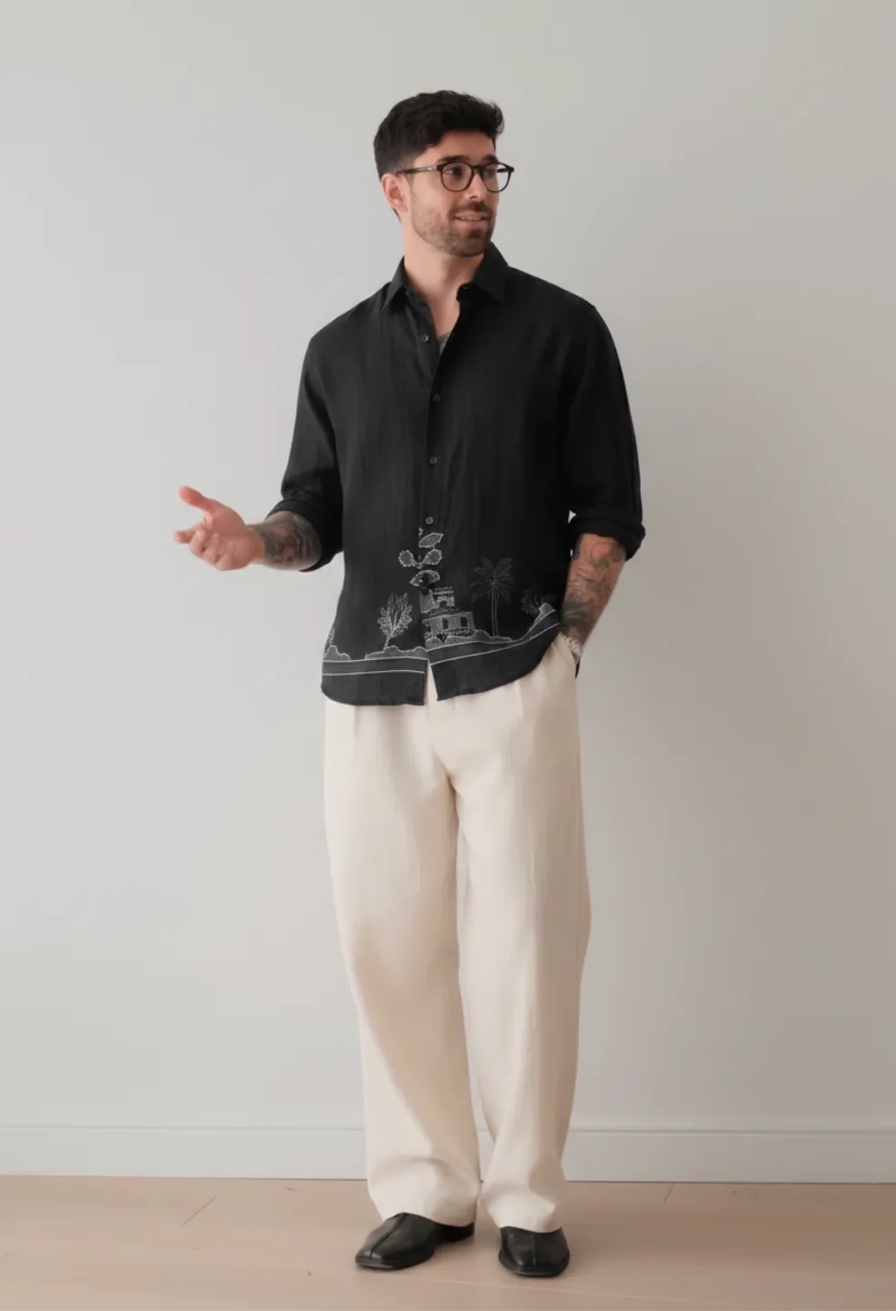 Ivory Garden Embroidery 100% Linen Black Shirt