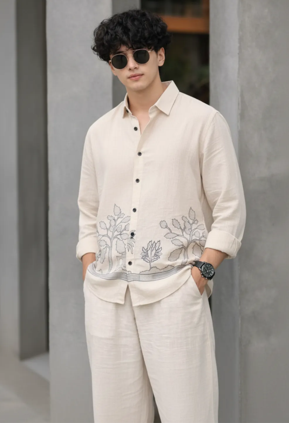 Ivory Garden Embroidery 100% Linen Off White Shirt