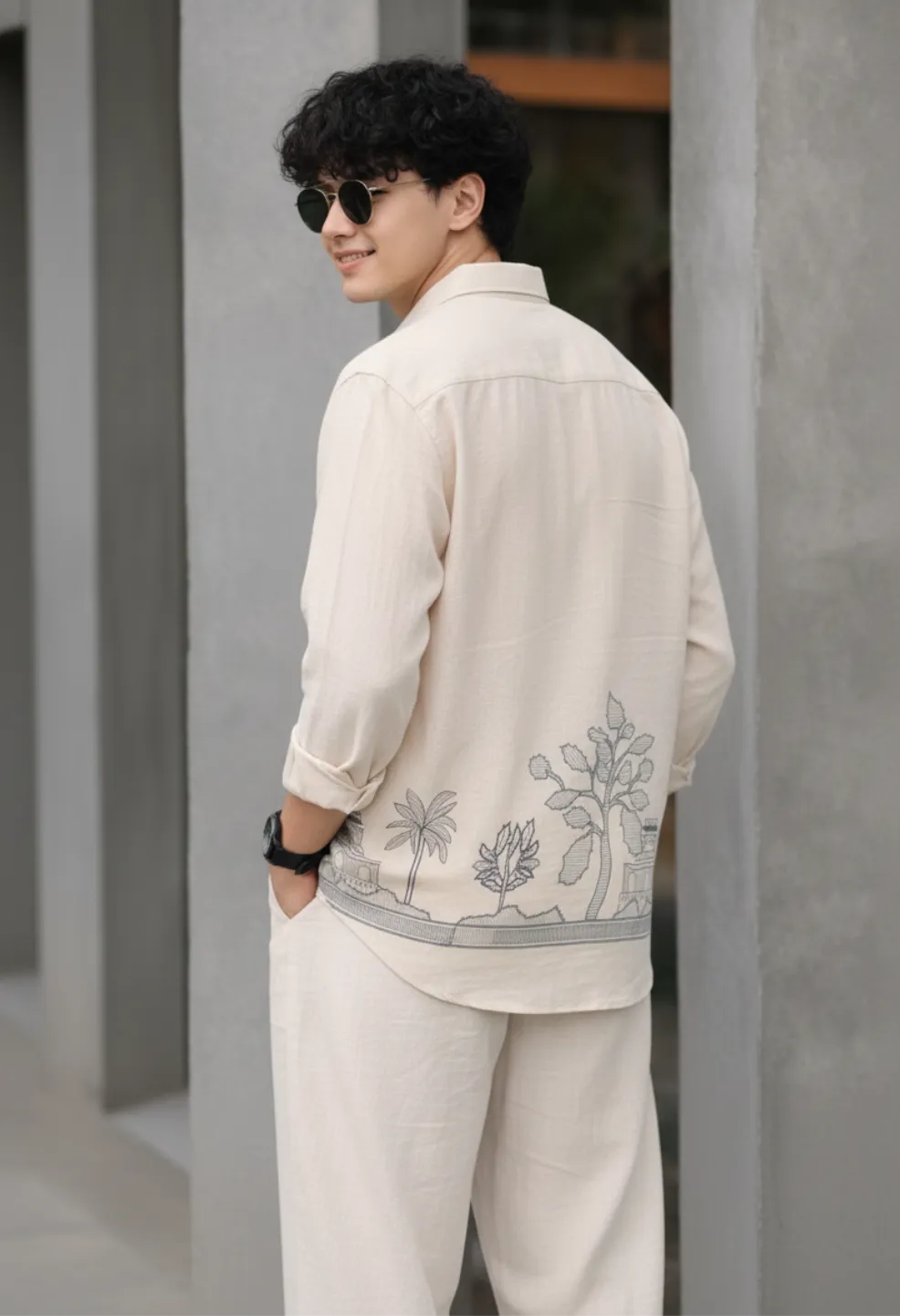 Ivory Garden Embroidery 100% Linen Off White Shirt