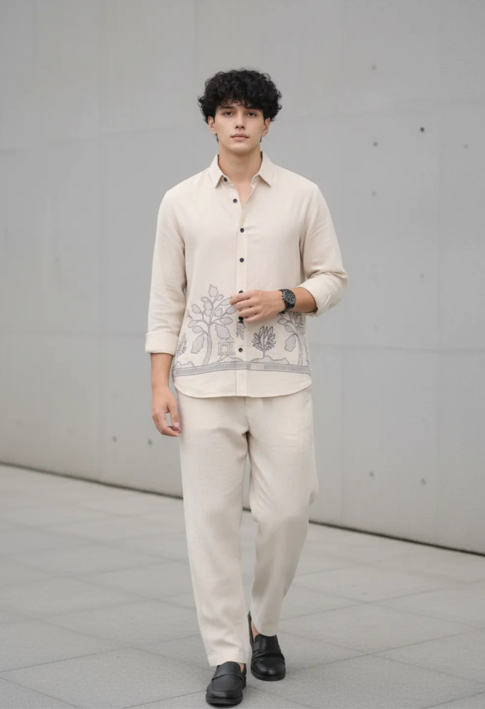 Ivory Garden Embroidery 100% Linen Off White Shirt
