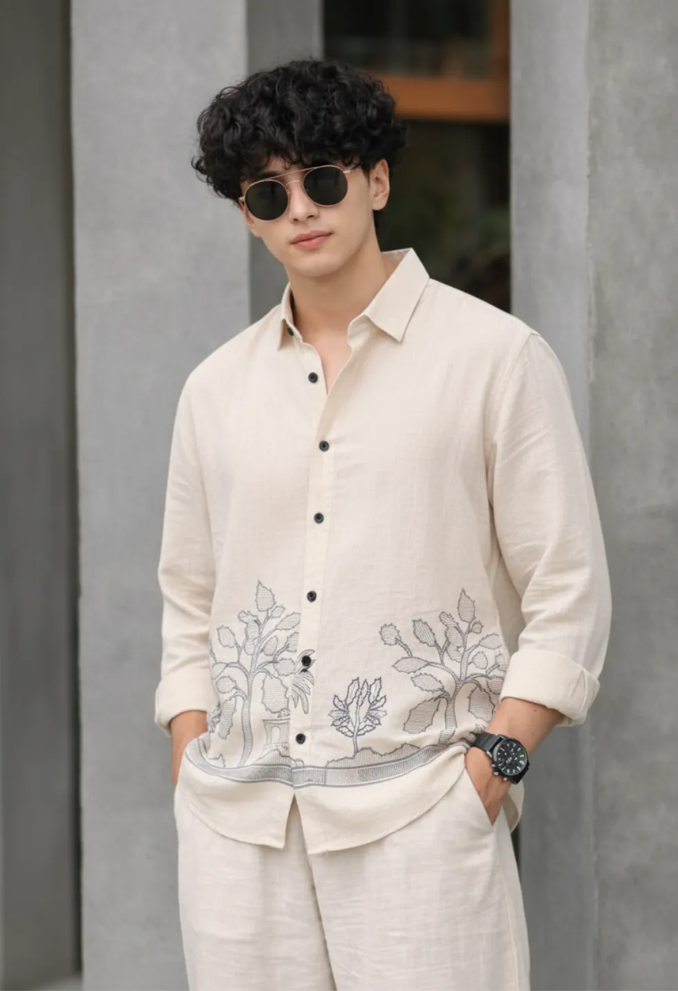 Ivory Garden Embroidery 100% Linen Off White Shirt