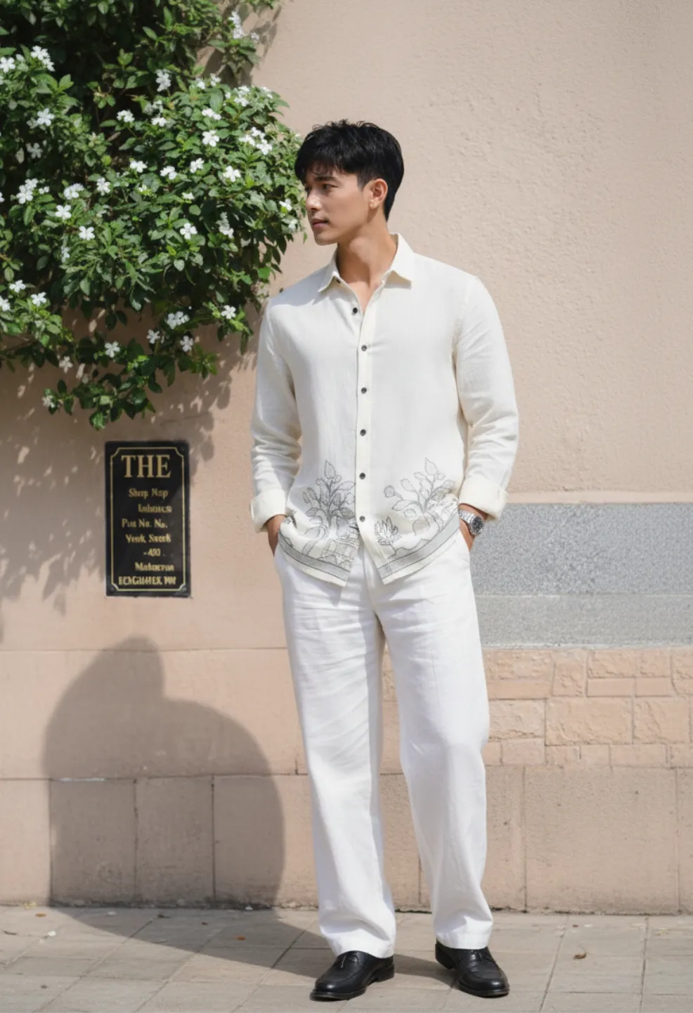 Ivory Garden Embroidery 100% Linen White Shirt