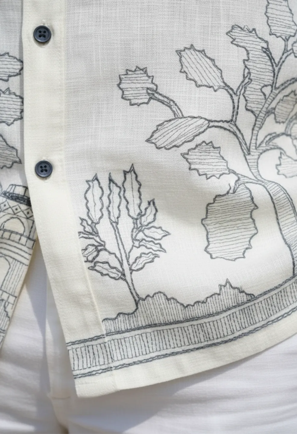 Ivory Garden Embroidery 100% Linen White Shirt