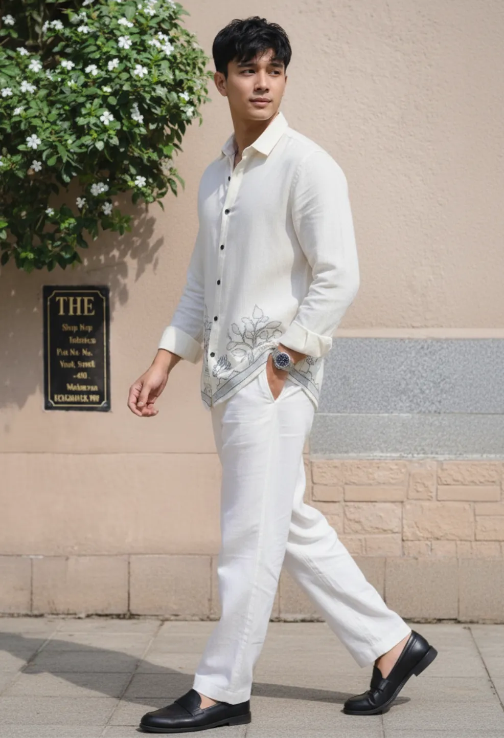 Ivory Garden Embroidery 100% Linen White Shirt