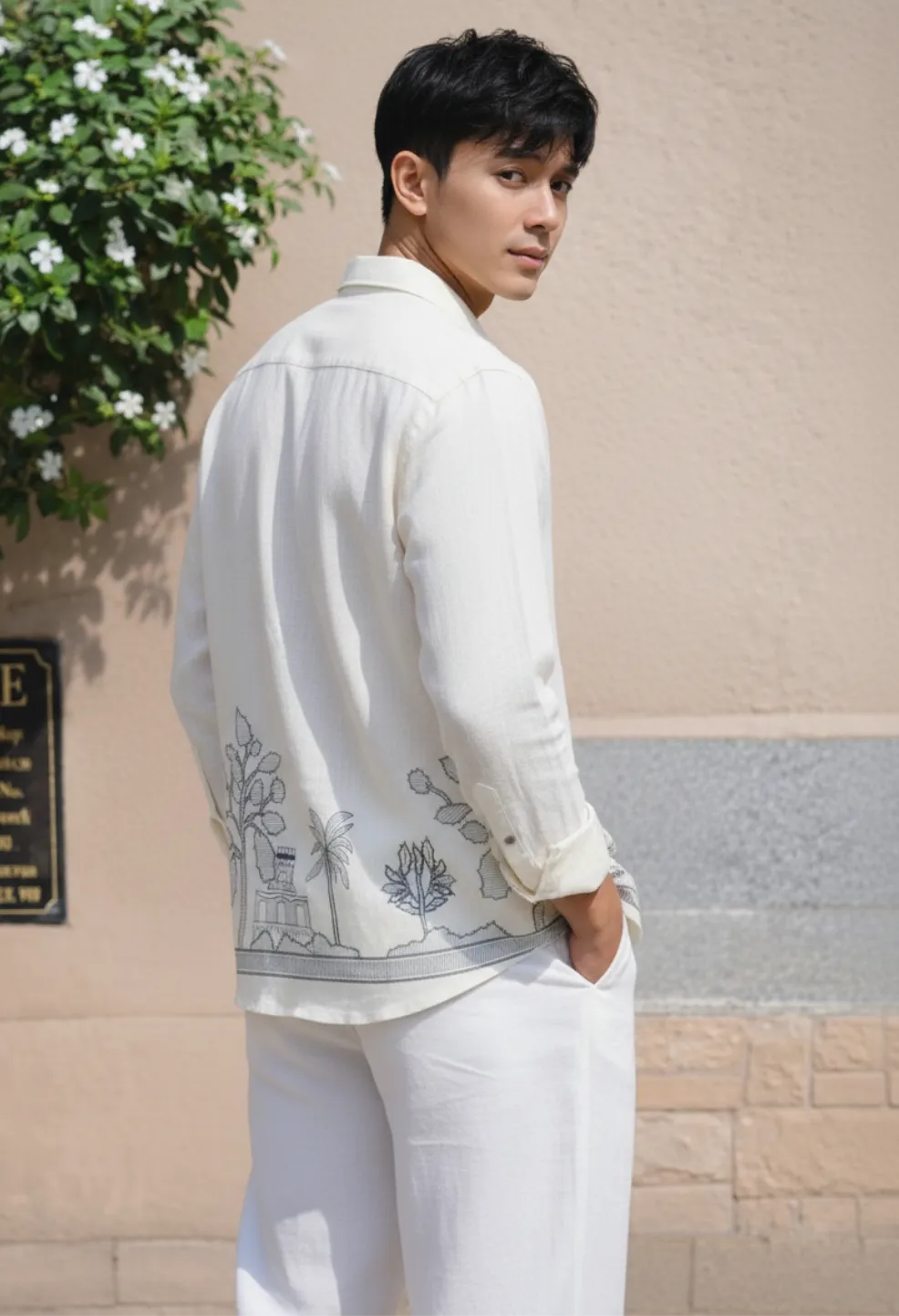 Ivory Garden Embroidery 100% Linen White Shirt