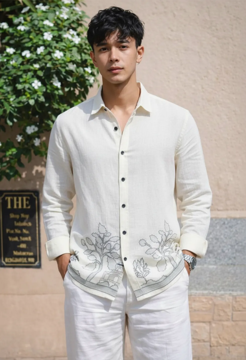 Ivory Garden Embroidery 100% Linen White Shirt