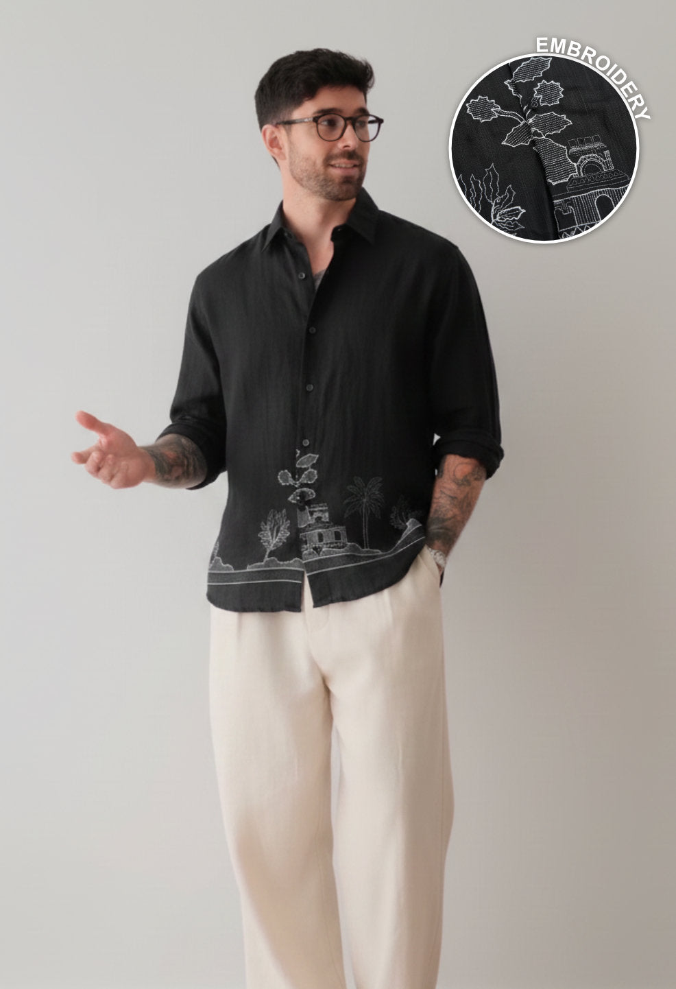 Ivory Garden Embroidery 100% Linen Black Shirt