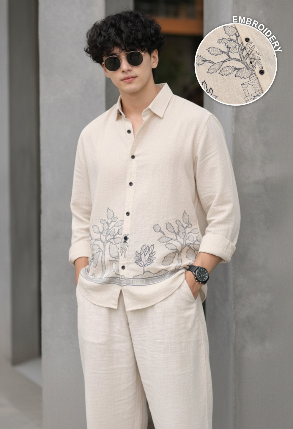 Ivory Garden Embroidery 100% Linen Off White Shirt
