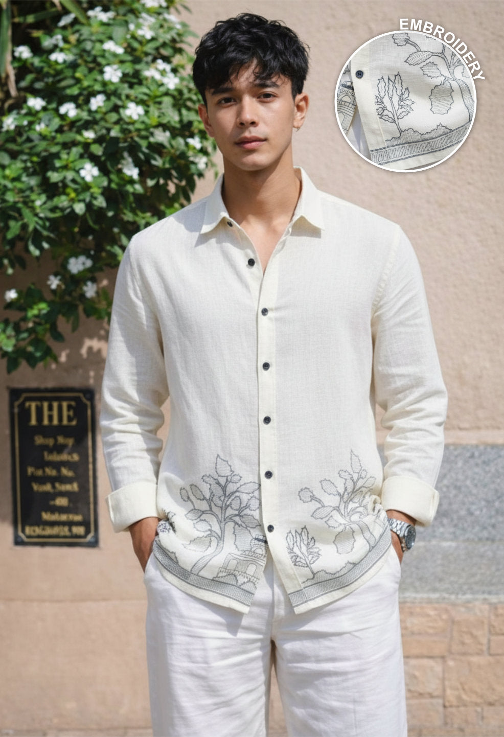 Ivory Garden Embroidery 100% Linen White Shirt