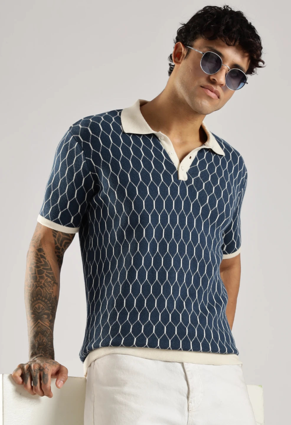 Knitted Blue Oldmoney Cotton T-Shirt