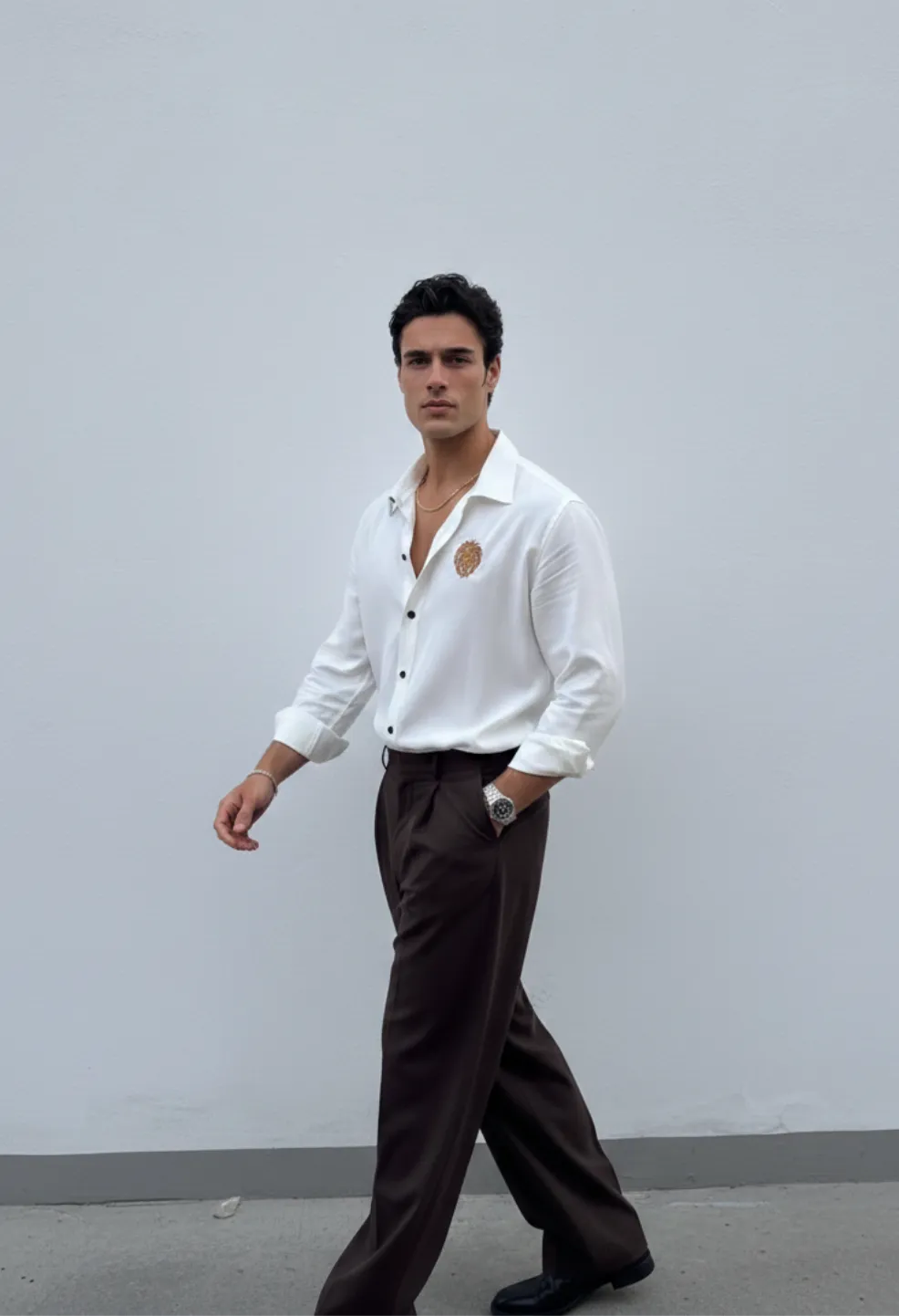 Lion King Embroidery Formal White Shirt