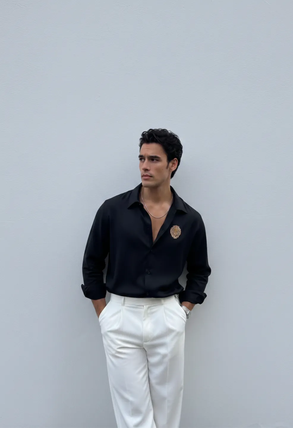 Lion King Embroidery Formal Black Shirt