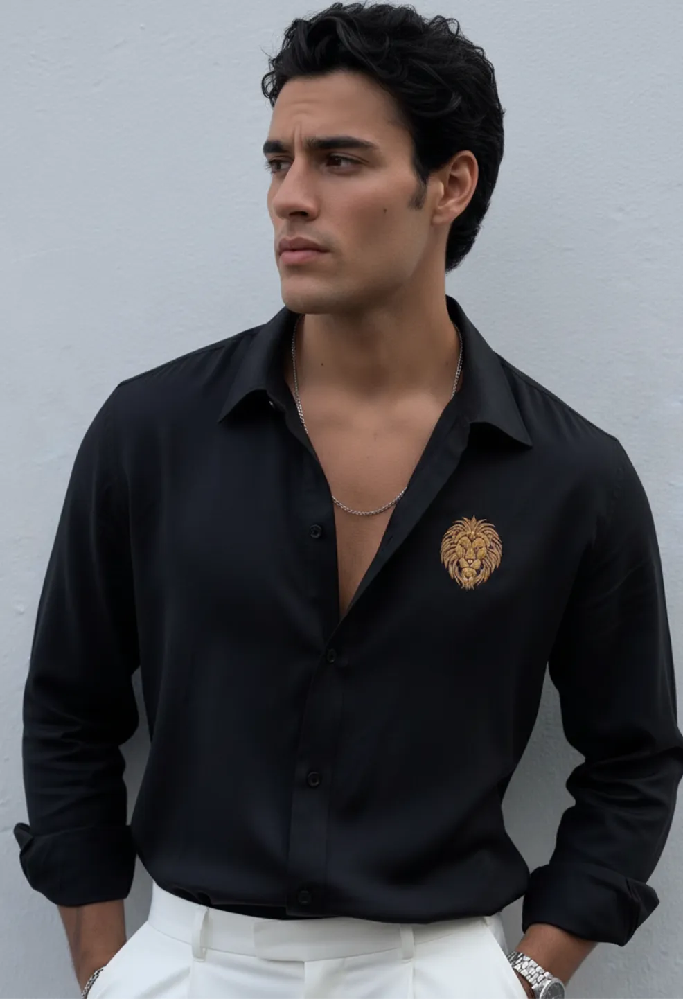 Lion King Embroidery Formal Black Shirt