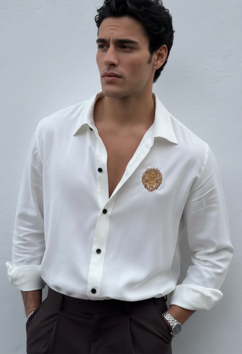 Lion King Embroidery Formal White Shirt