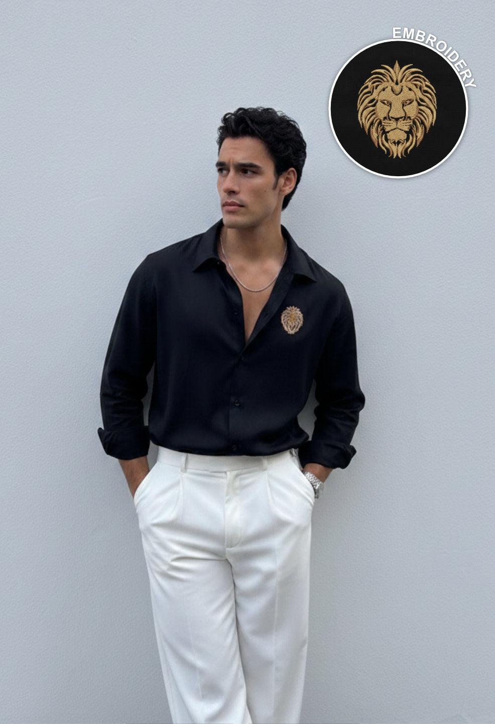 Lion King Embroidery Formal Black Shirt