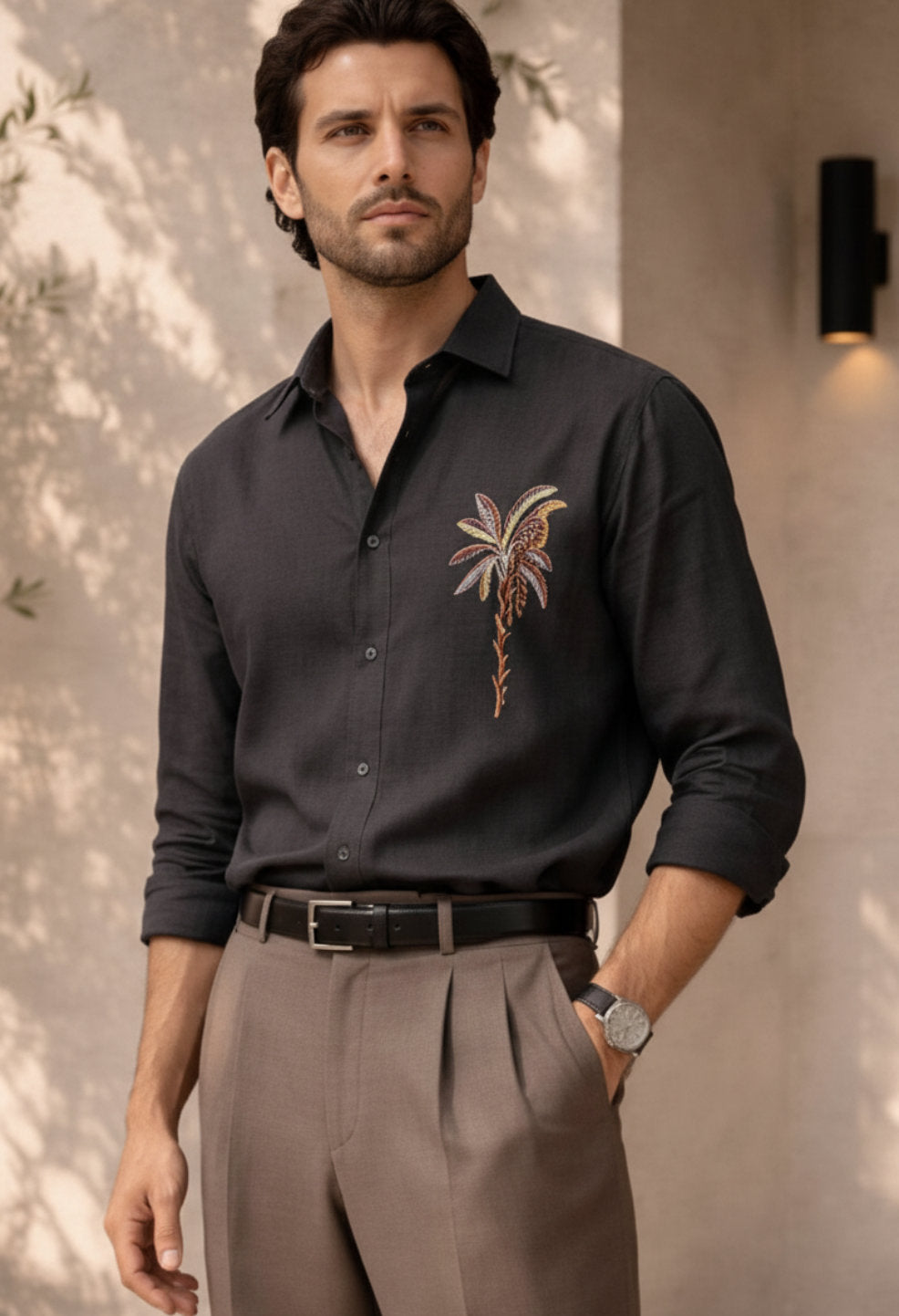 Monaco Palm Black Embroidered Shirt