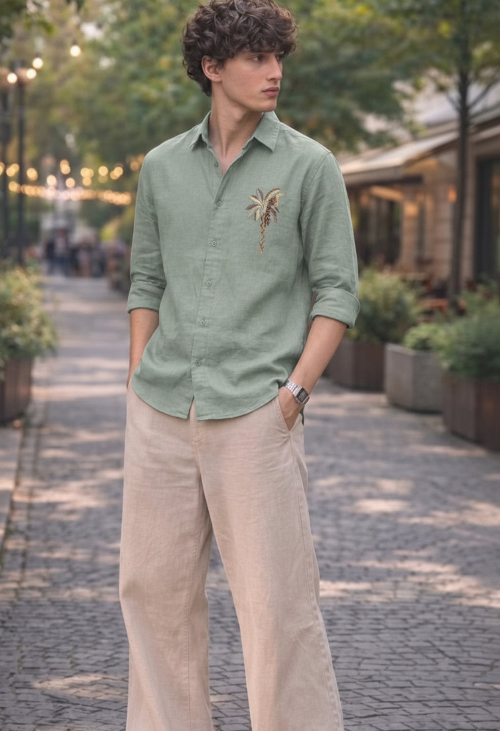 Monaco Palm Olive Embroidered Shirt