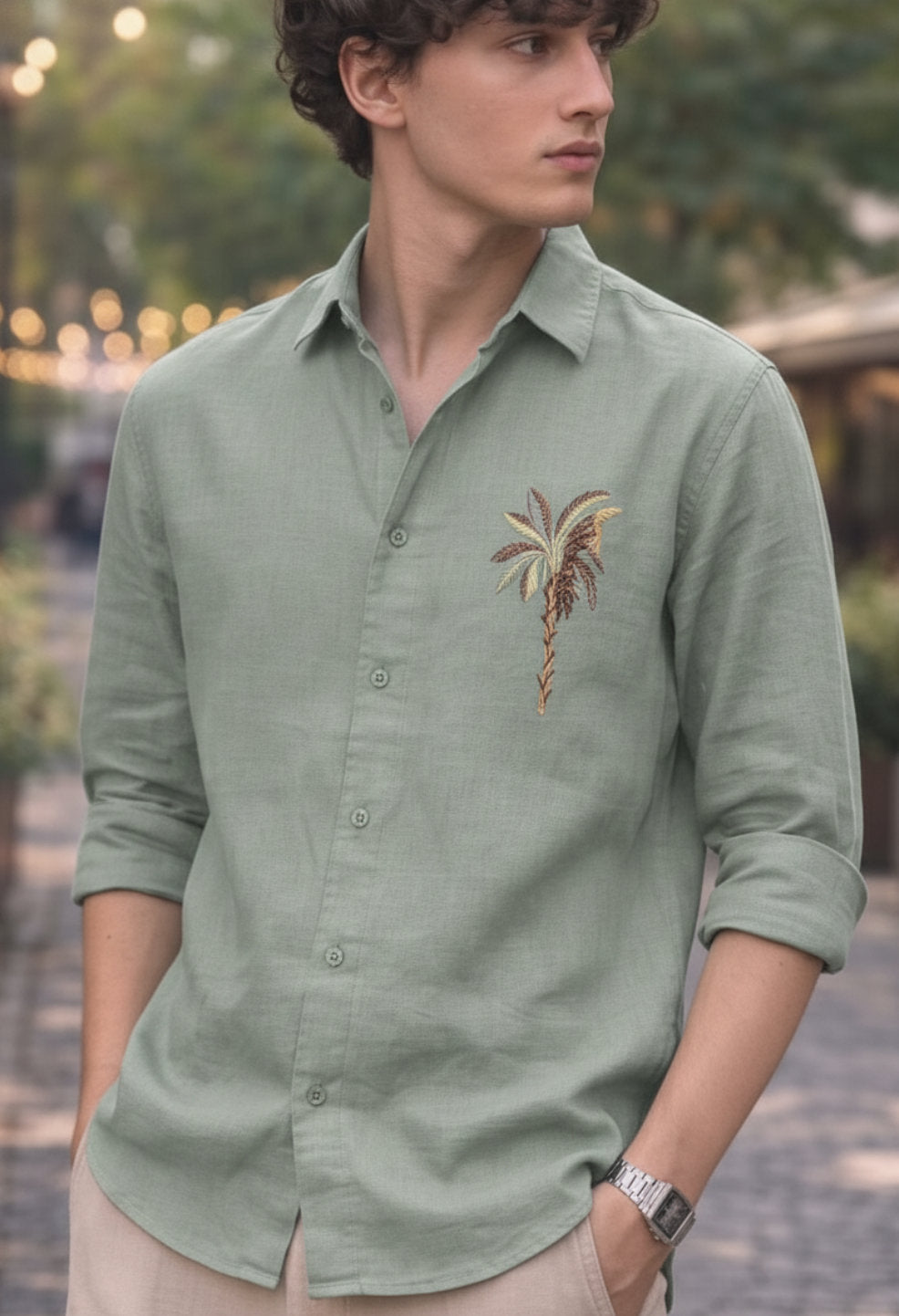 Monaco Palm Olive Embroidered Shirt