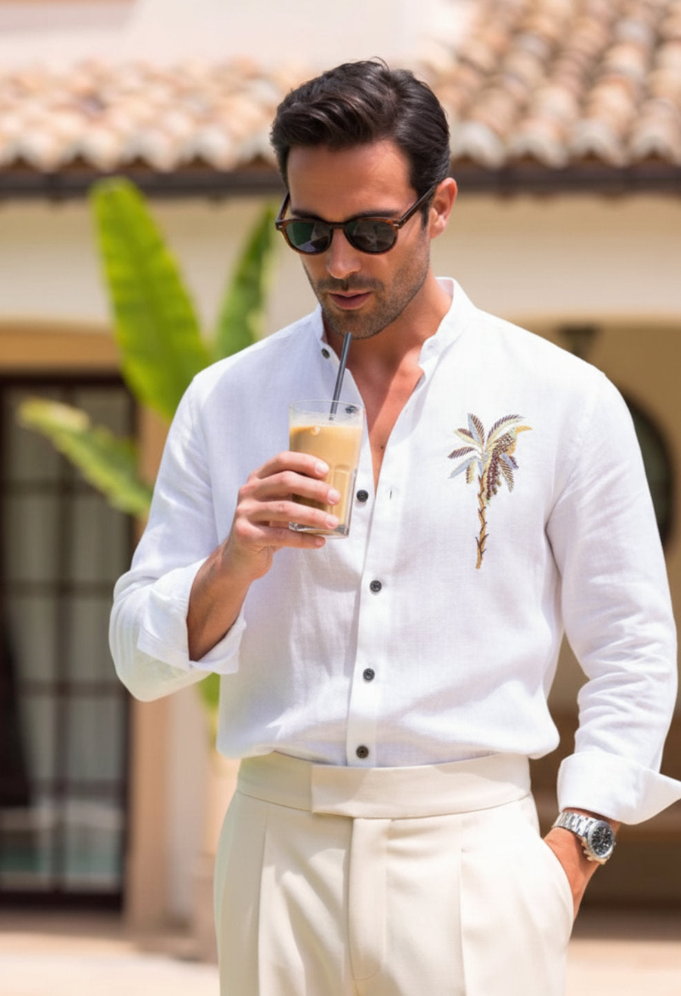 Monaco Palm White Embroidered Shirt