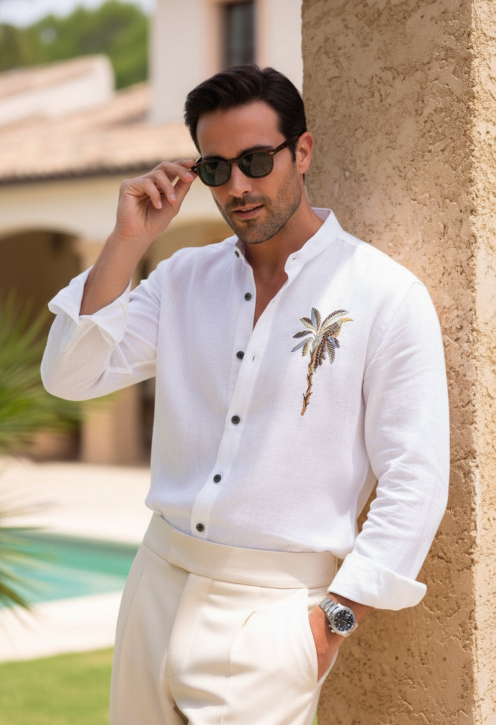Monaco Palm White Embroidered Shirt