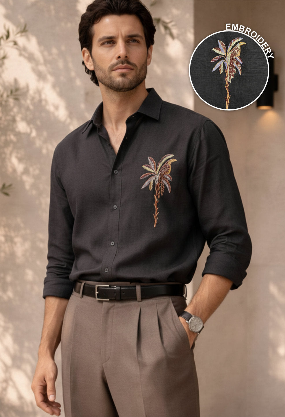 Monaco Palm Black Embroidered Shirt