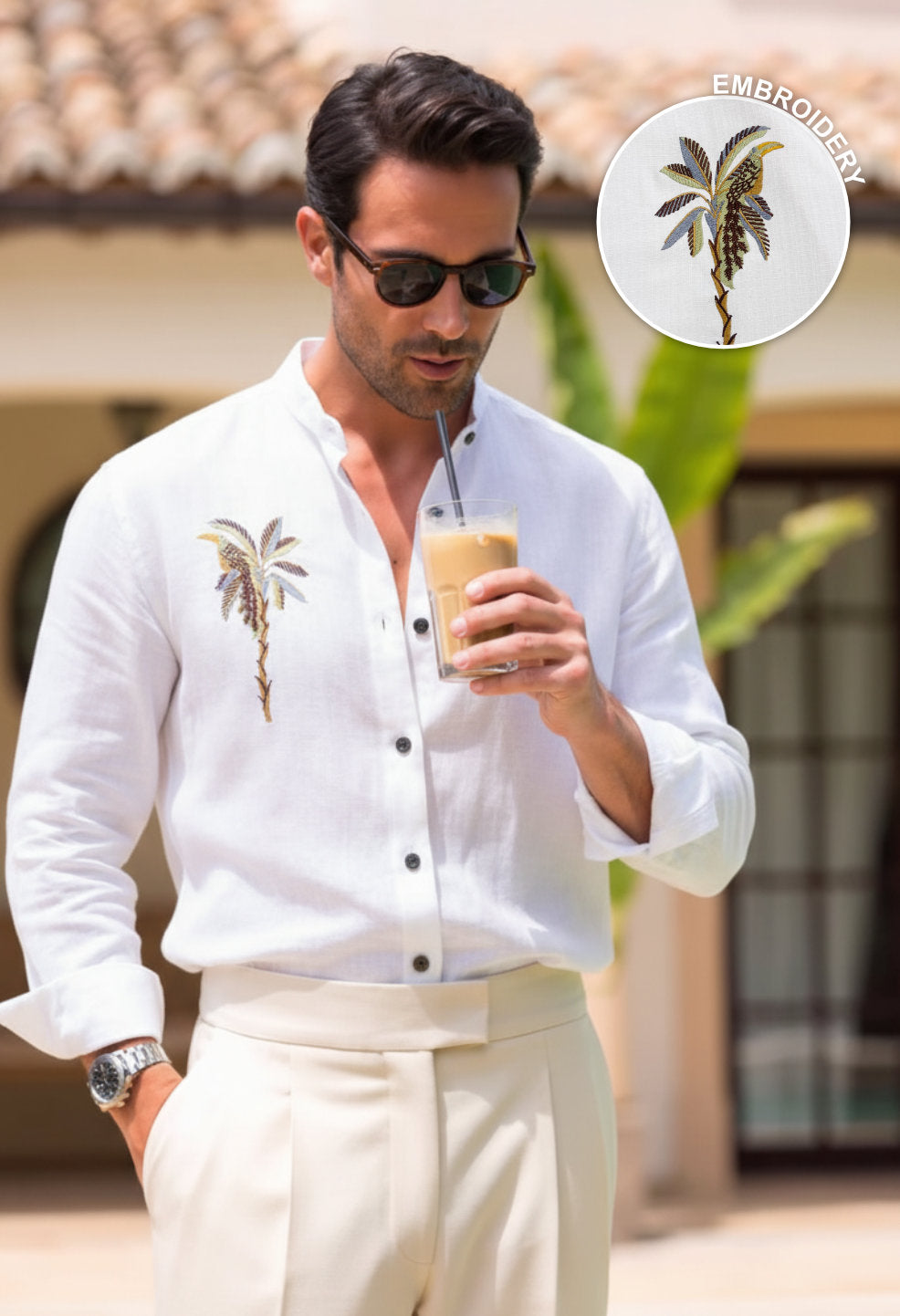 Monaco Palm White Embroidered Shirt