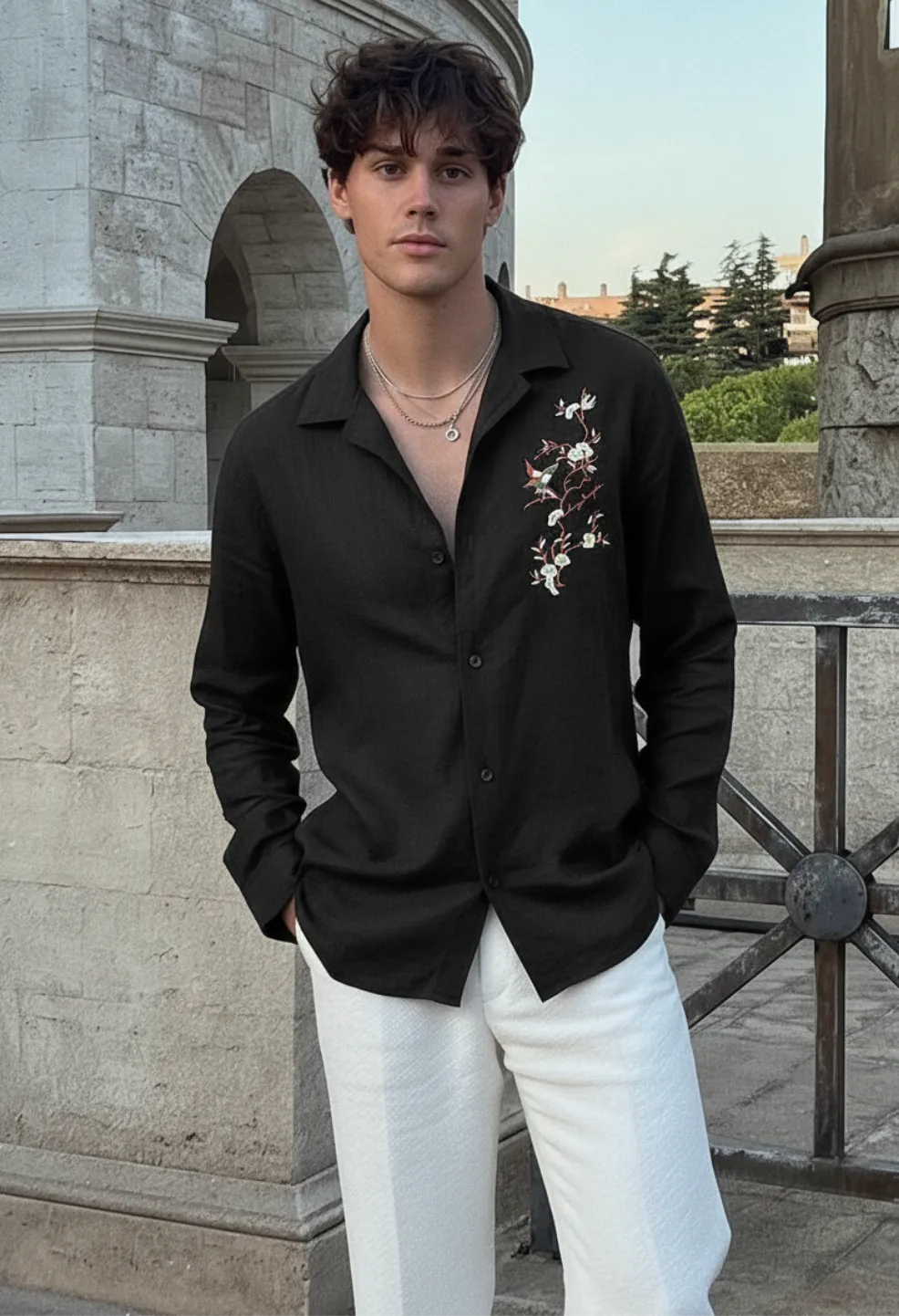 Sparrow Bloom Embroidery Black Shirt