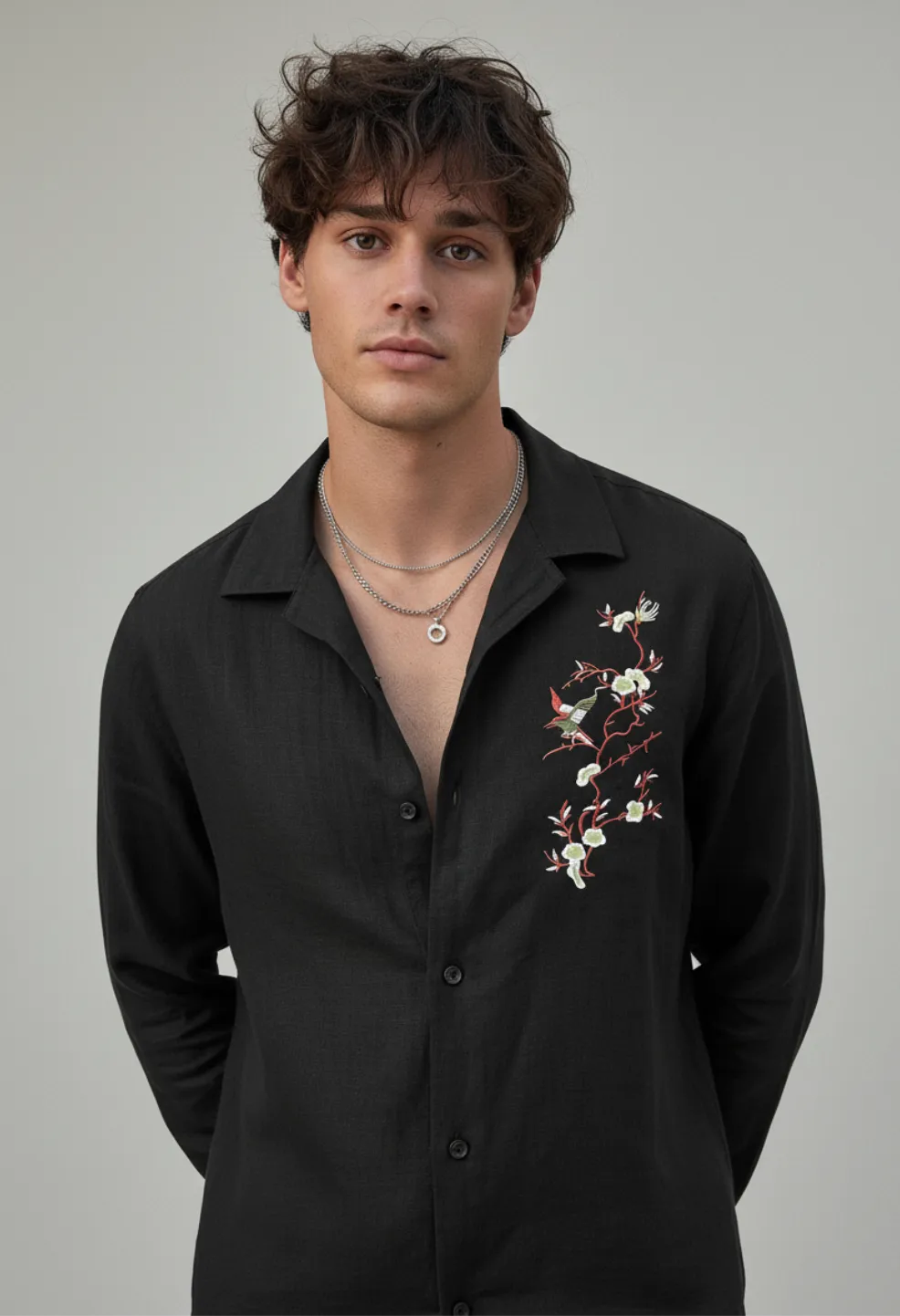 Sparrow Bloom Embroidery Black Shirt