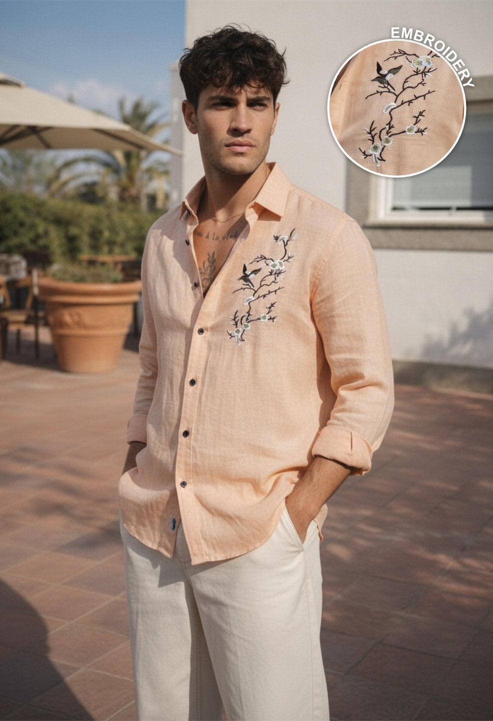 Sparrow Bloom Embroidery Peach Shirt