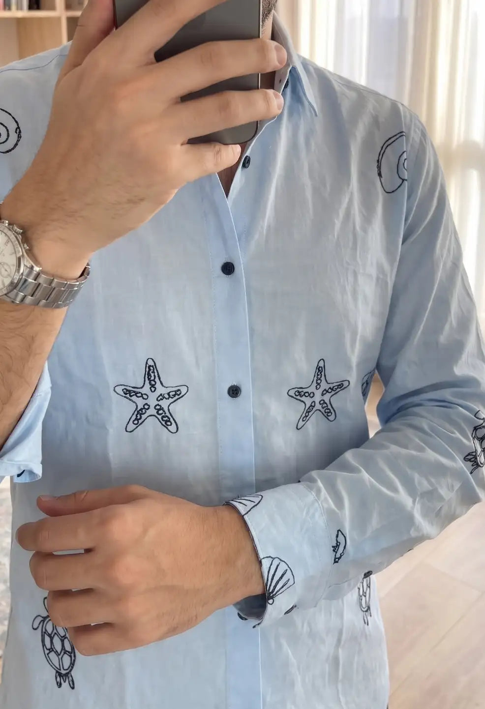 Spring Embroidery Blue Shirt