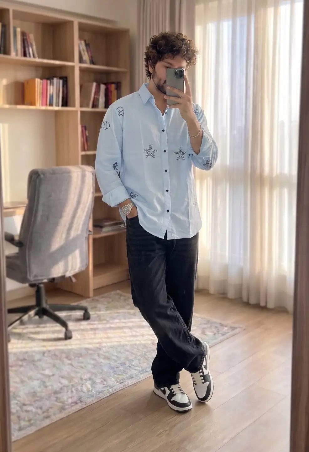 Spring Embroidery Blue Shirt