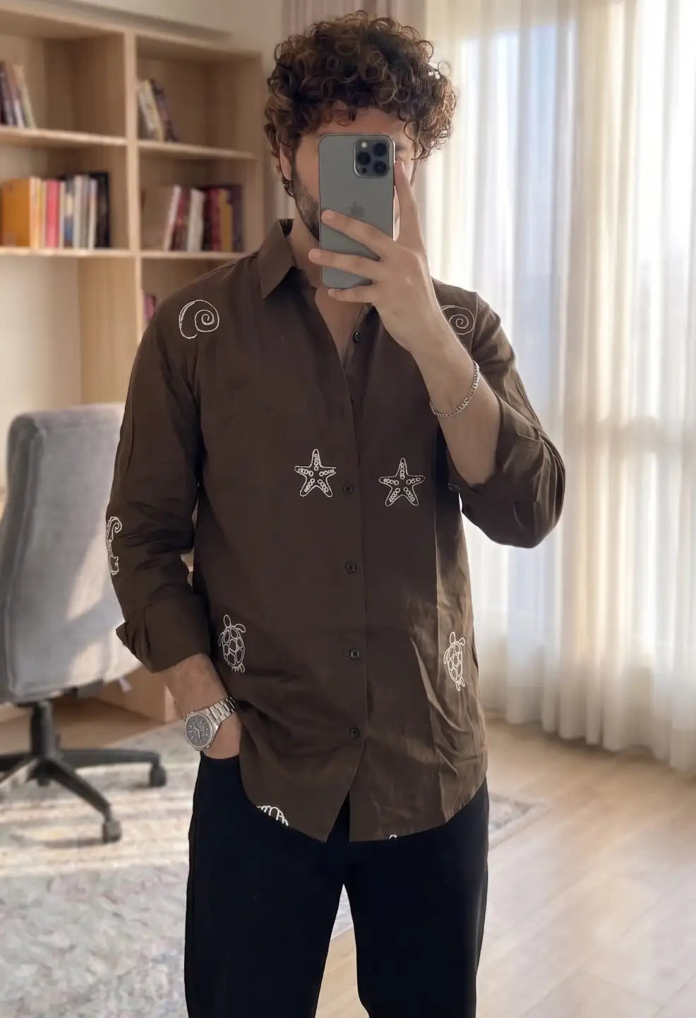 Spring Embroidery Brown Shirt