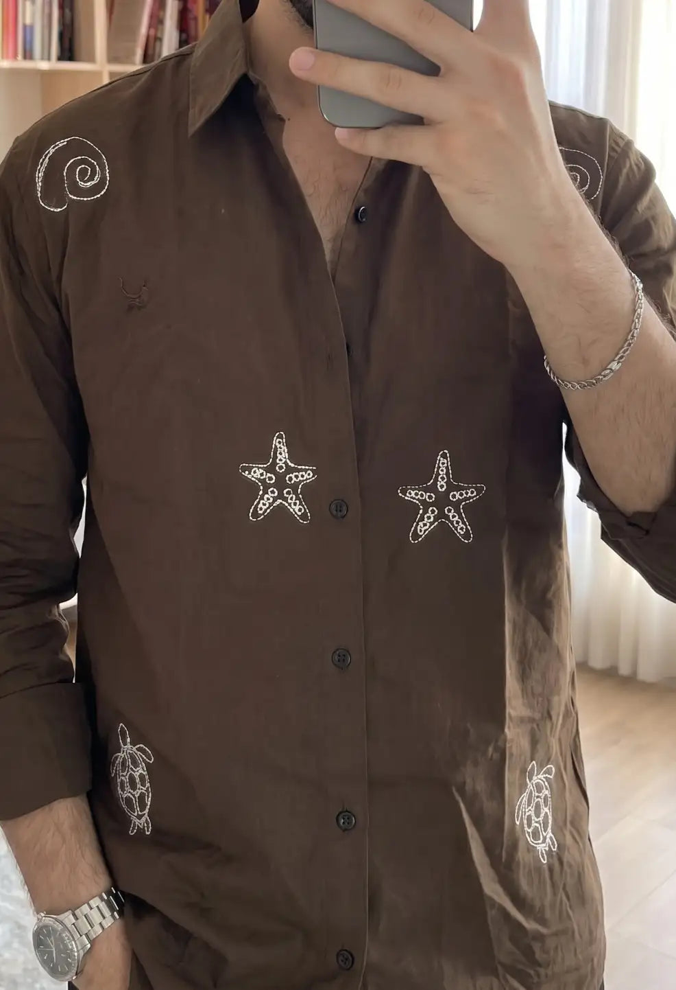 Spring Embroidery Brown Shirt