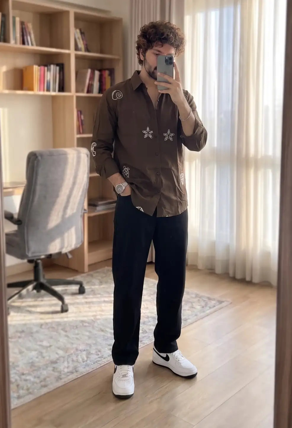 Spring Embroidery Brown Shirt