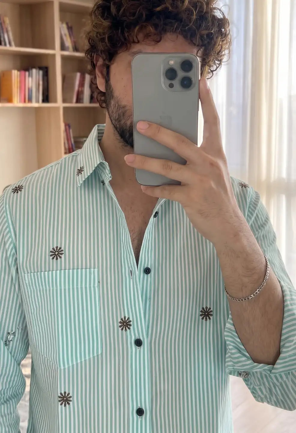 Strip Flower Embroidery Shirt Mint