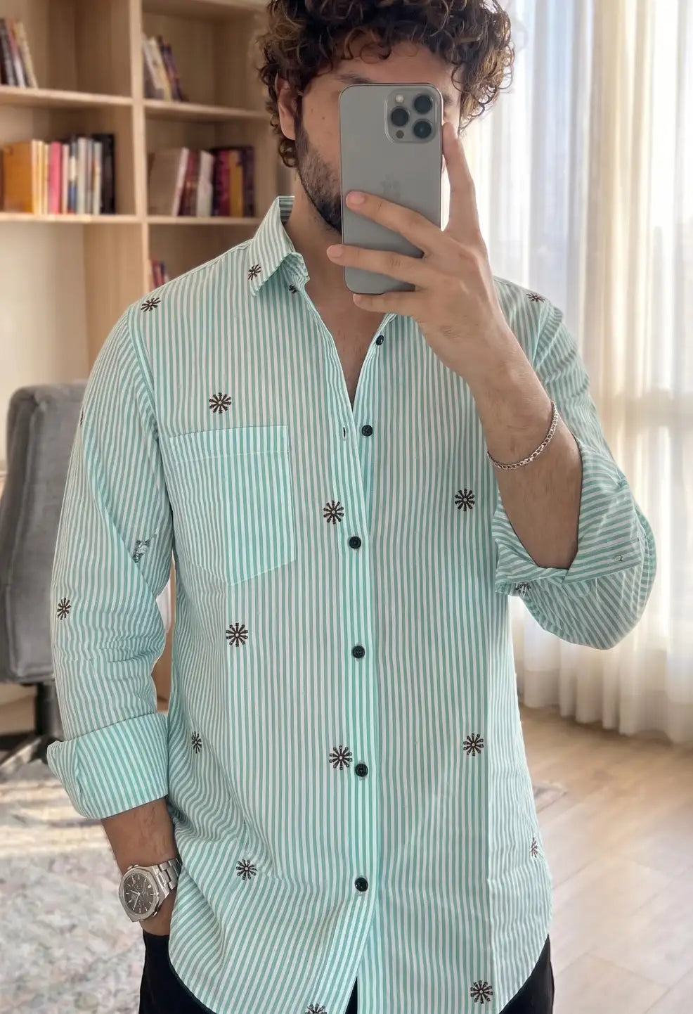 Strip Flower Embroidery Shirt Mint
