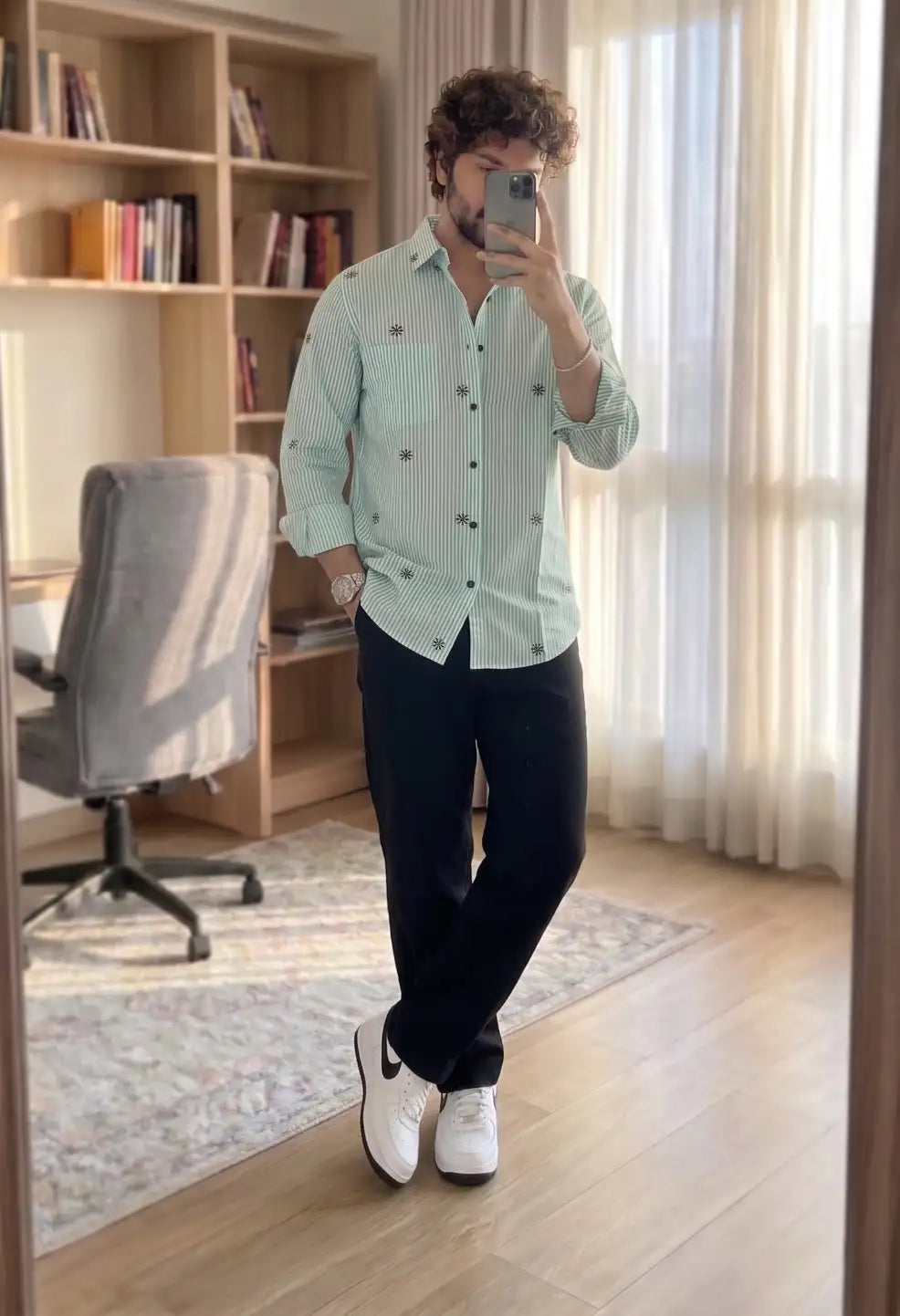 Strip Flower Embroidery Shirt Mint