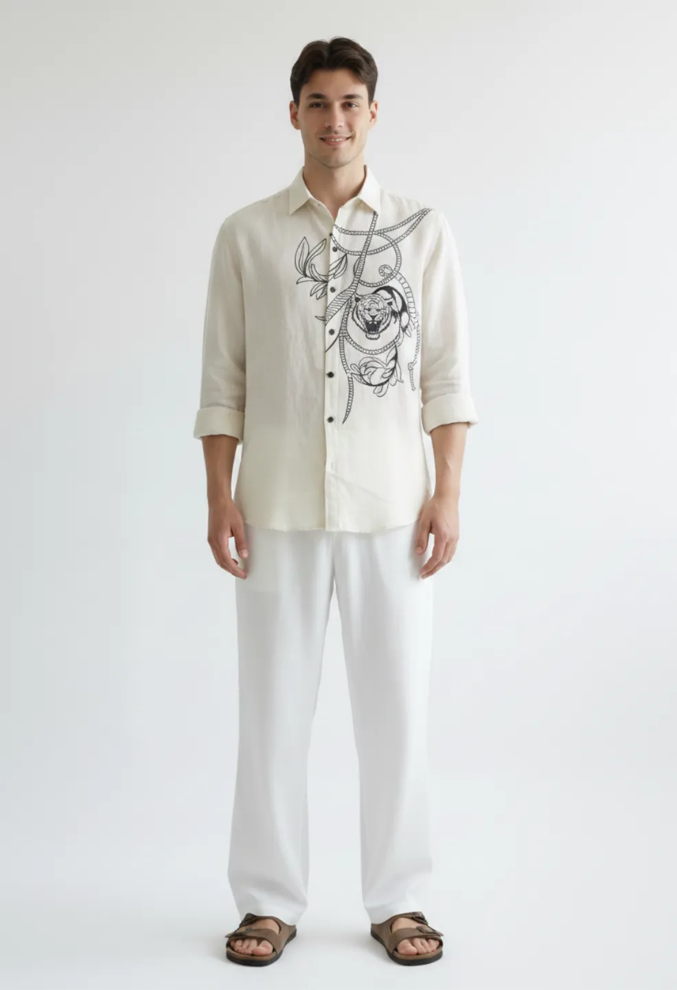 White Regal Tiger Linen Shirt