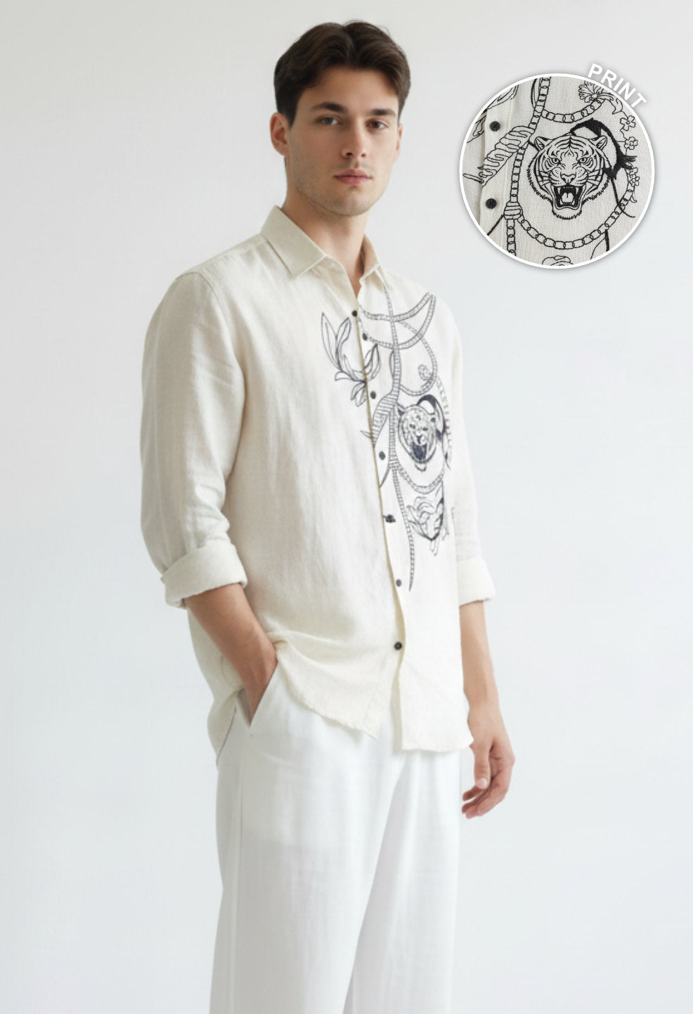White Regal Tiger Linen Shirt